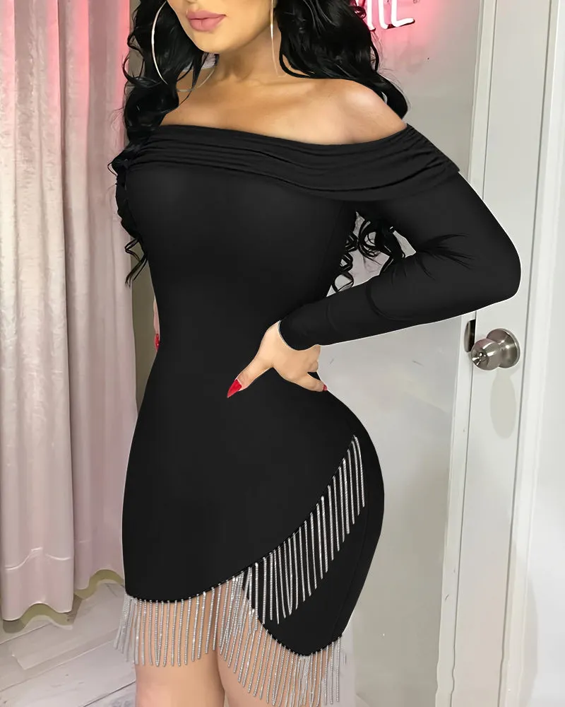 Glamorous Off-Shoulder Bodycon Dress with Sparkling Tassel Detail