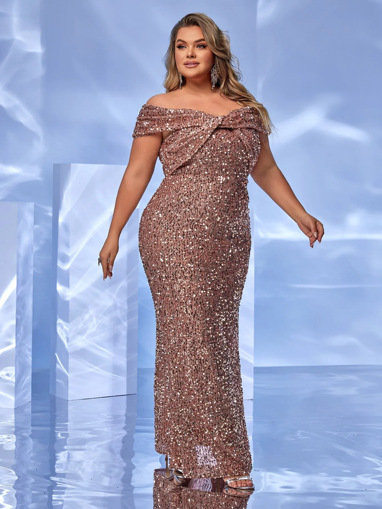 Glamorous Off-Shoulder Sequin Plus Size Evening Gown