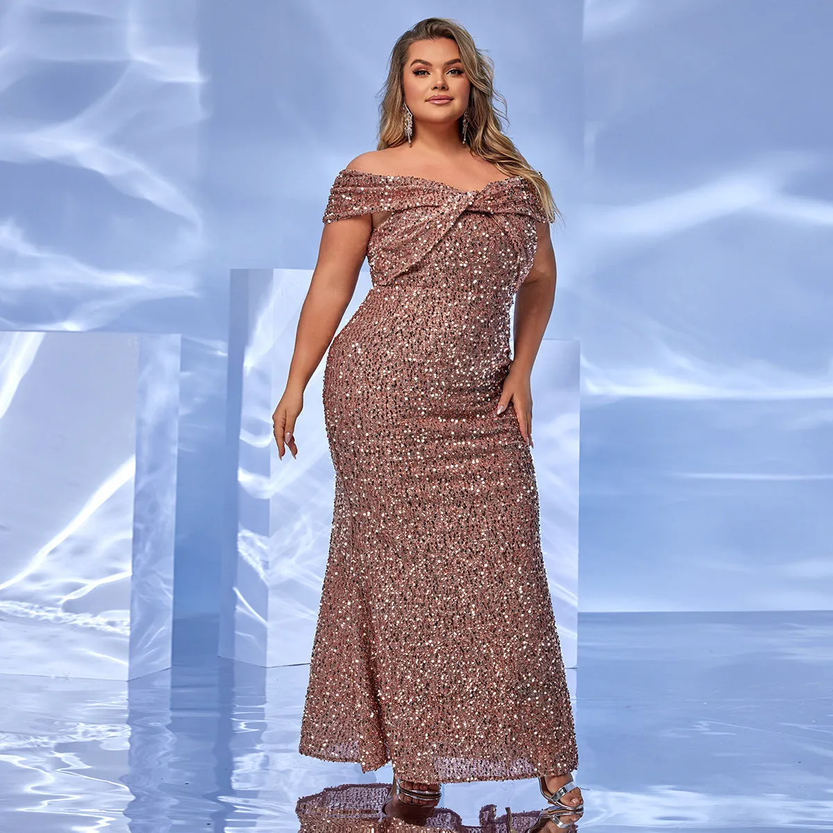 Glamorous Off-Shoulder Sequin Plus Size Evening Gown