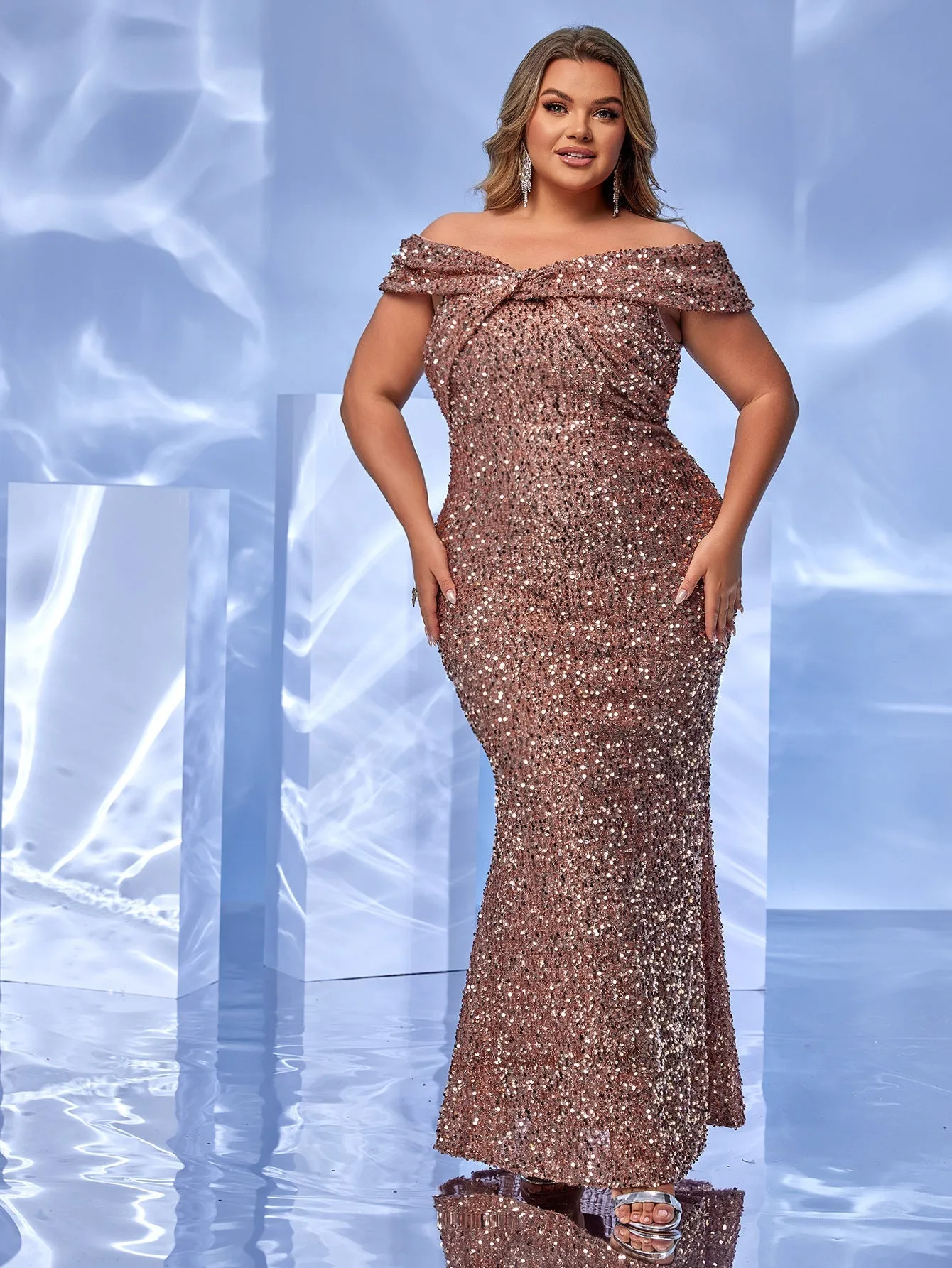 Glamorous Off-Shoulder Sequin Plus Size Evening Gown