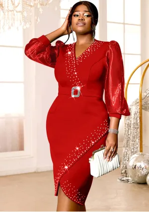 Glamorous V-Neck Belted Lantern Sleeve Embellished Evening Dress