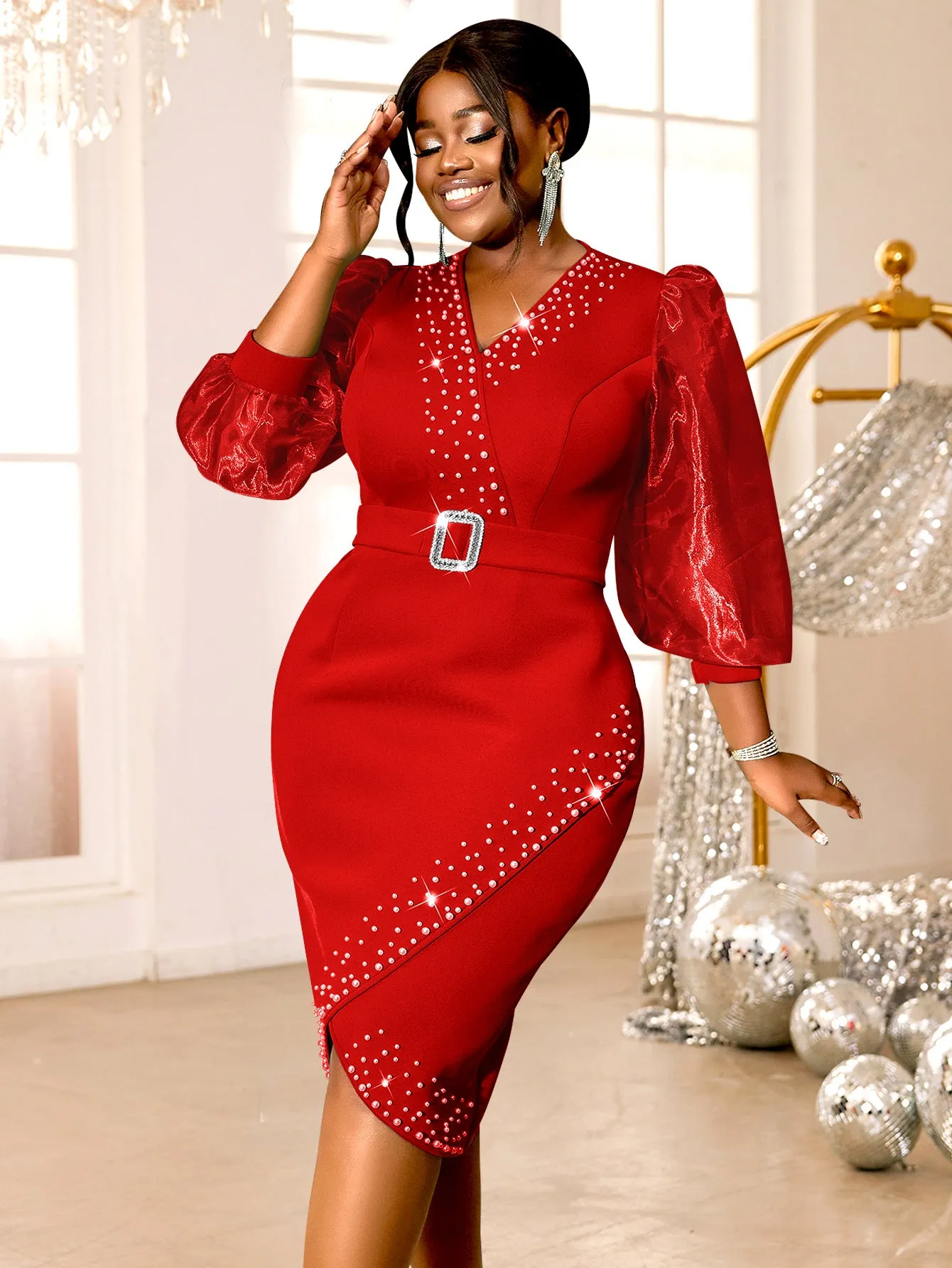 Glamorous V-Neck Belted Lantern Sleeve Embellished Evening Dress