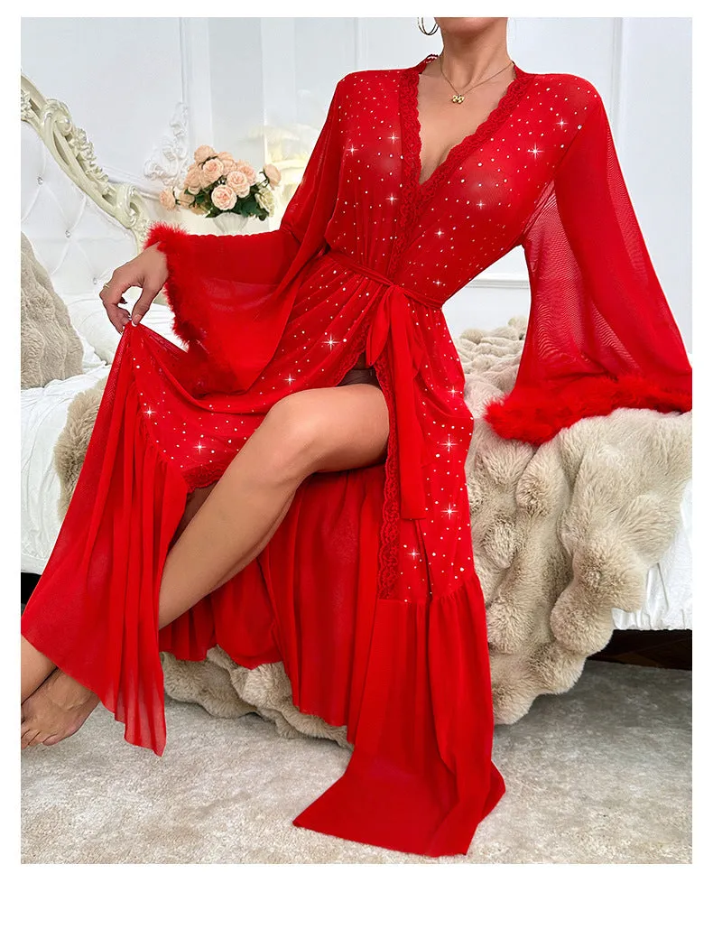 Glamorous V-Neck Fluffy Long-Sleeve Sequin Nightgown