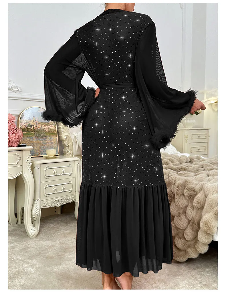 Glamorous V-Neck Fluffy Long-Sleeve Sequin Nightgown
