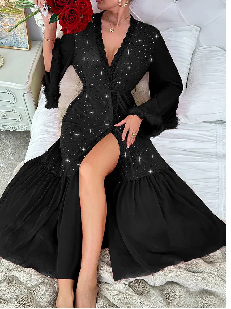 Glamorous V-Neck Fluffy Long-Sleeve Sequin Nightgown