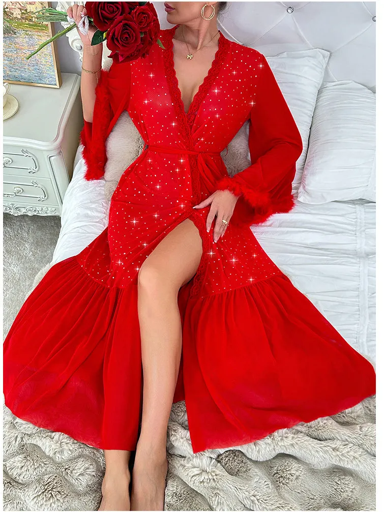 Glamorous V-Neck Fluffy Long-Sleeve Sequin Nightgown