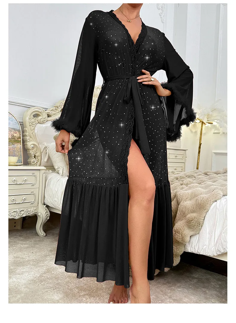 Glamorous V-Neck Fluffy Long-Sleeve Sequin Nightgown