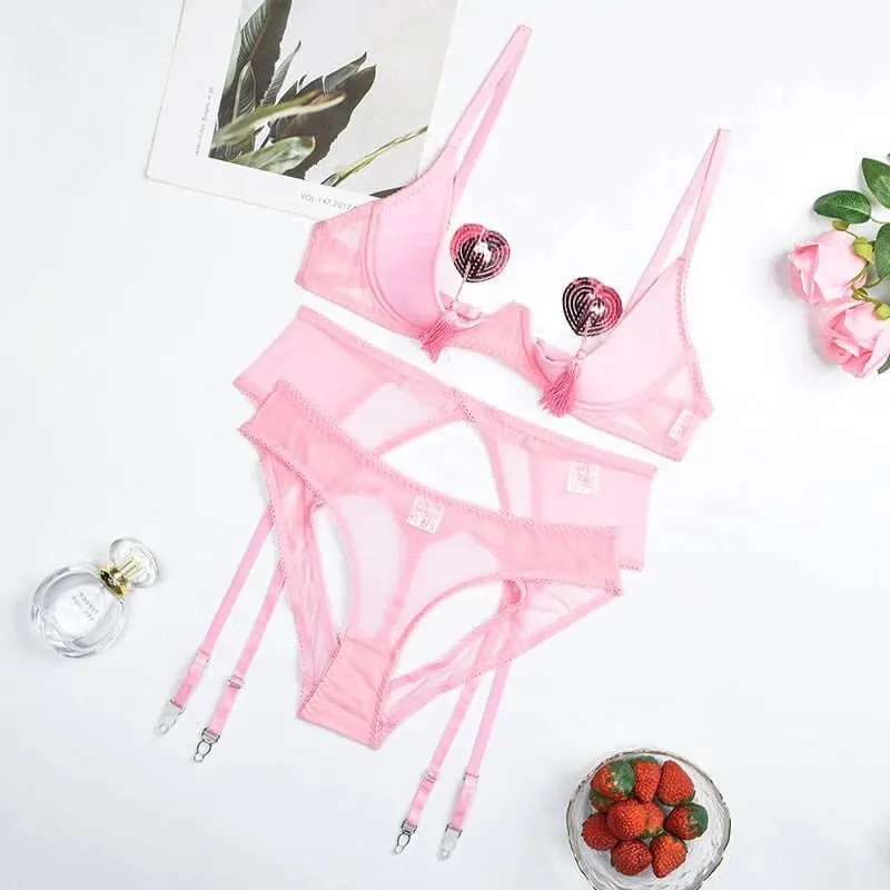 Glittered Underbust Four Piece Tassel Lingerie Set