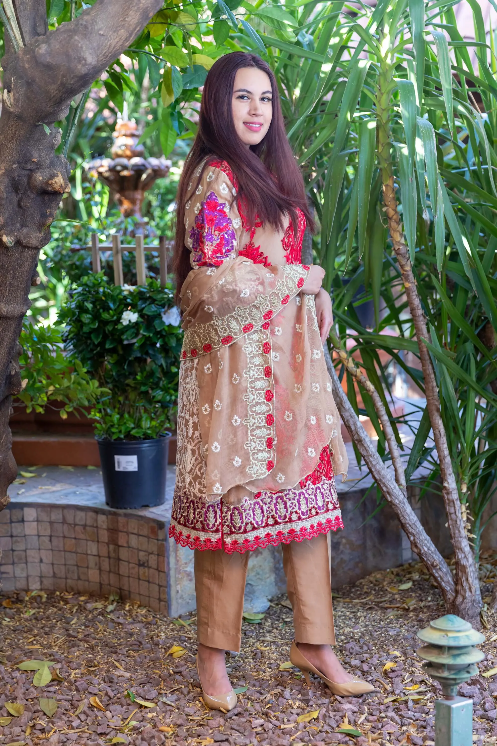 Gold Chiffon Embroidery Dress with Silk Pants