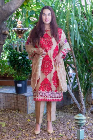 Gold Chiffon Embroidery Dress with Silk Pants