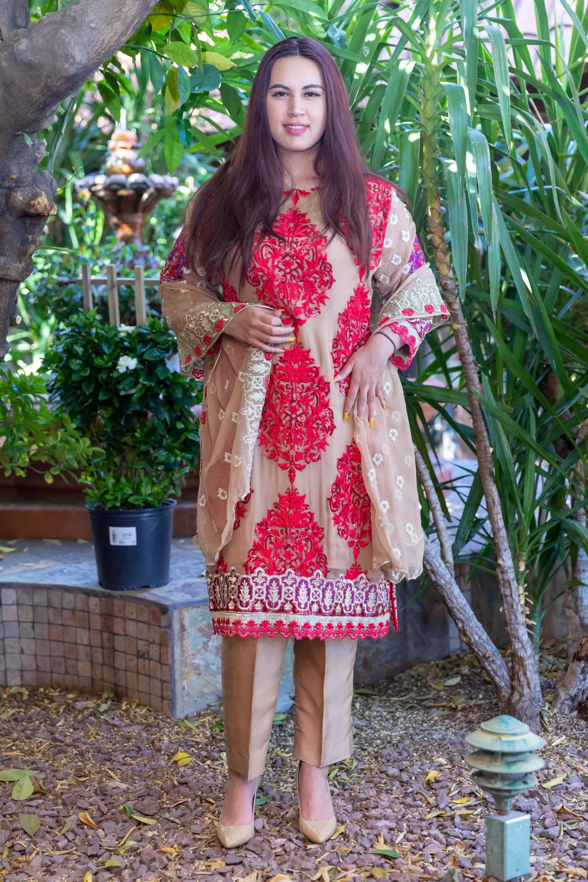 Gold Chiffon Embroidery Dress with Silk Pants