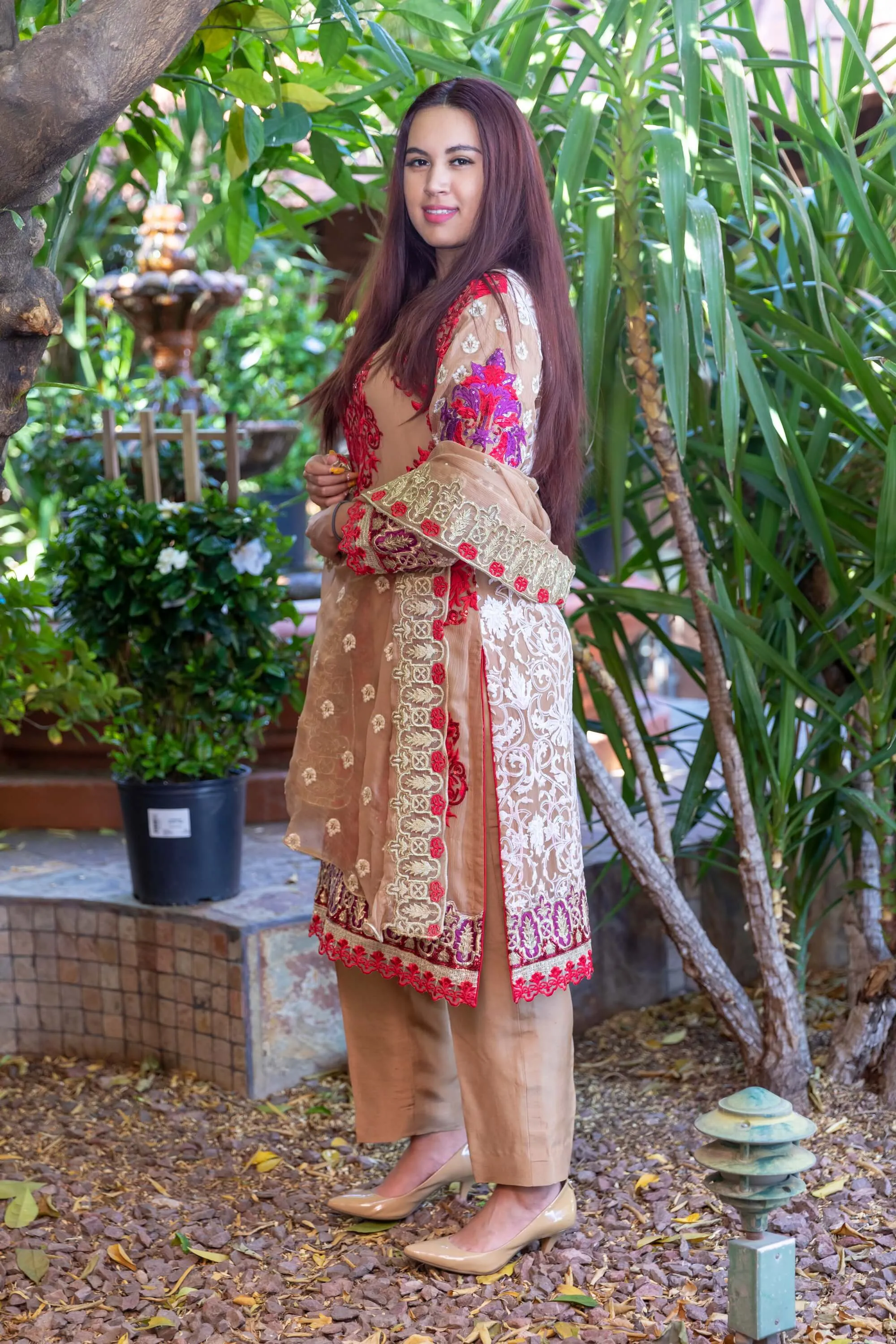 Gold Chiffon Embroidery Dress with Silk Pants