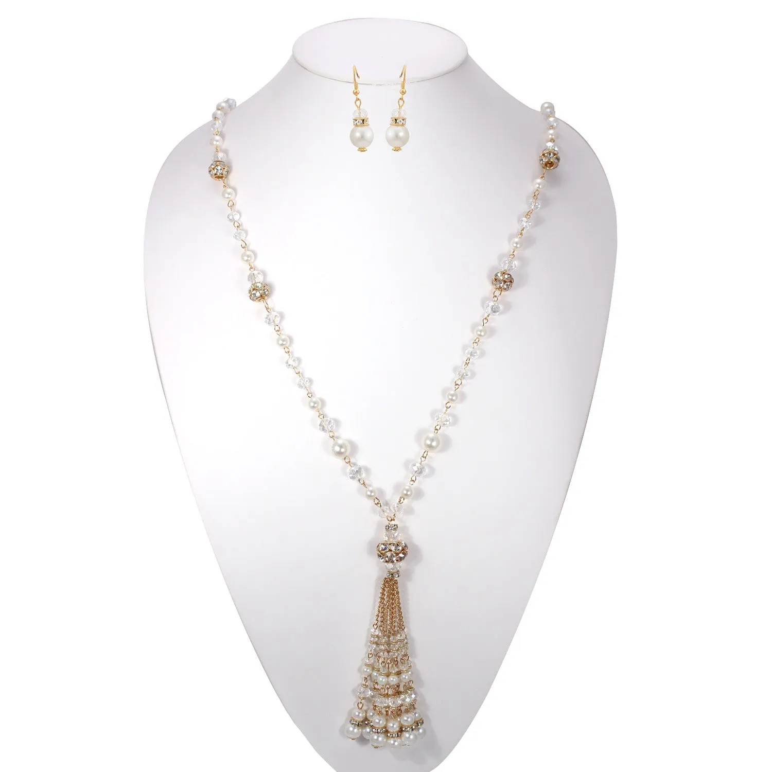 Gold crystal Ball and cream pearl  long tassel necklace and earrings set #SWR-CP3361(LE18)