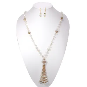 Gold crystal Ball and cream pearl  long tassel necklace and earrings set #SWR-CP3361(LE18)