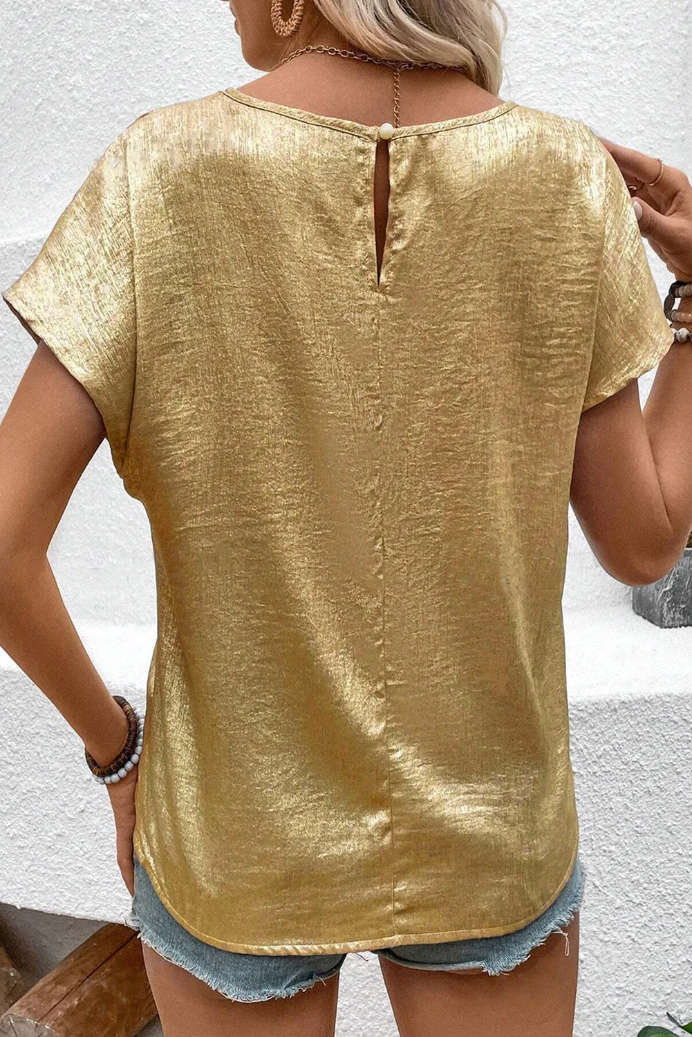 Gold Plain Sheen Short Sleeve Top
