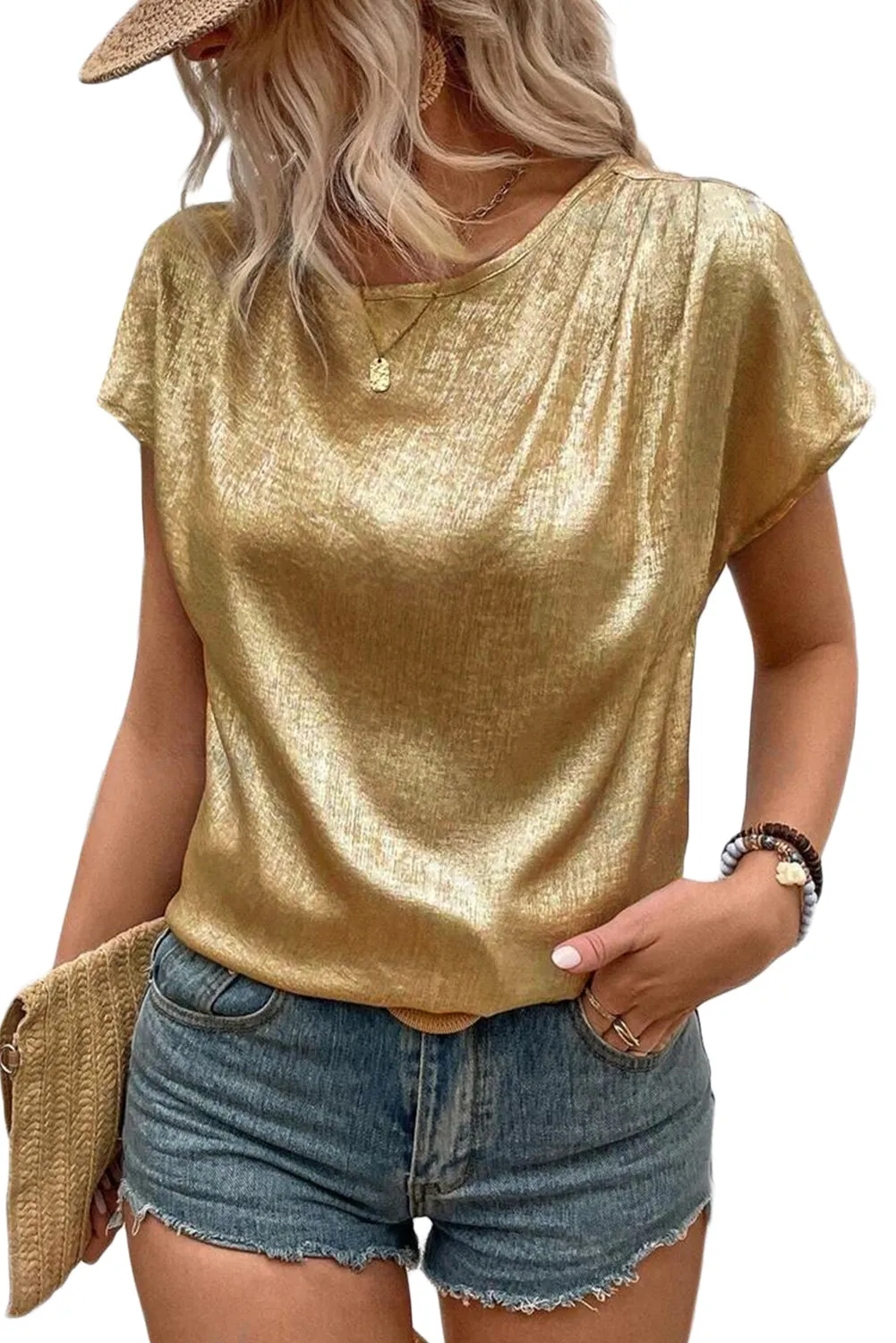 Gold Plain Sheen Short Sleeve Top