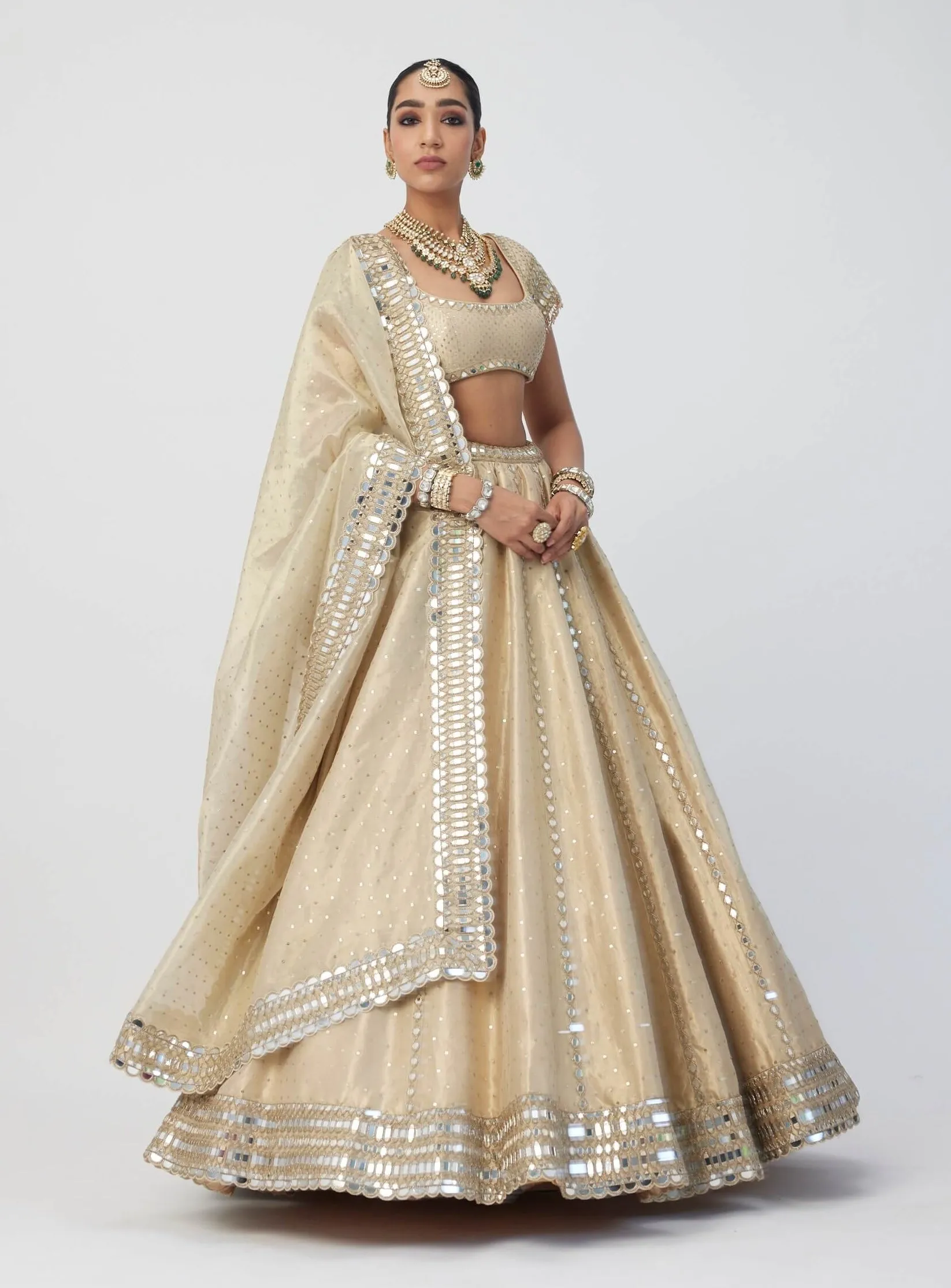 Golden shimmer organza linear lehenga set
