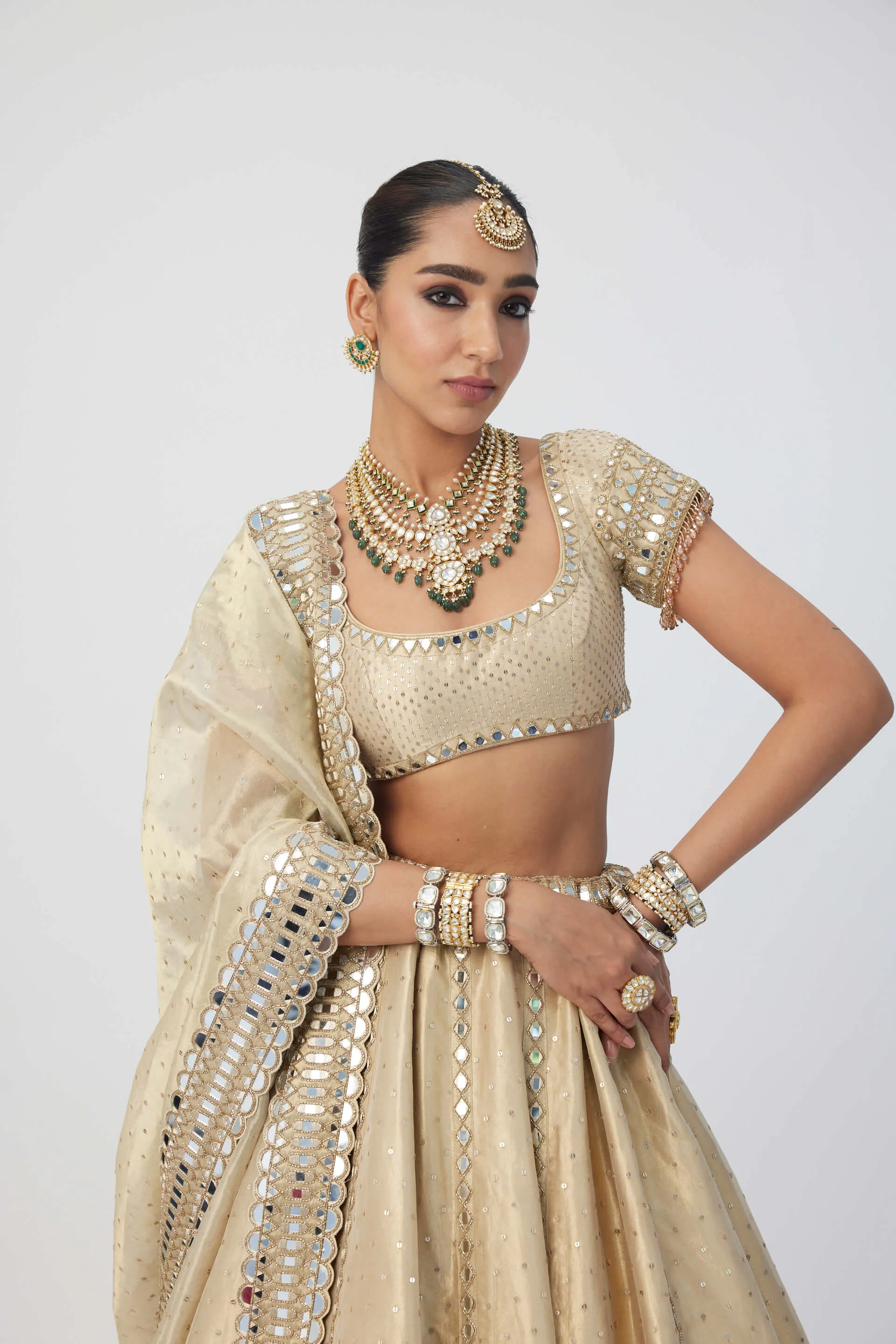 Golden shimmer organza linear lehenga set