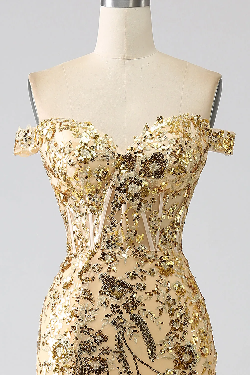 Golden Sparkly Mermaid Off The Shoulder Corset Prom Dress with Slit