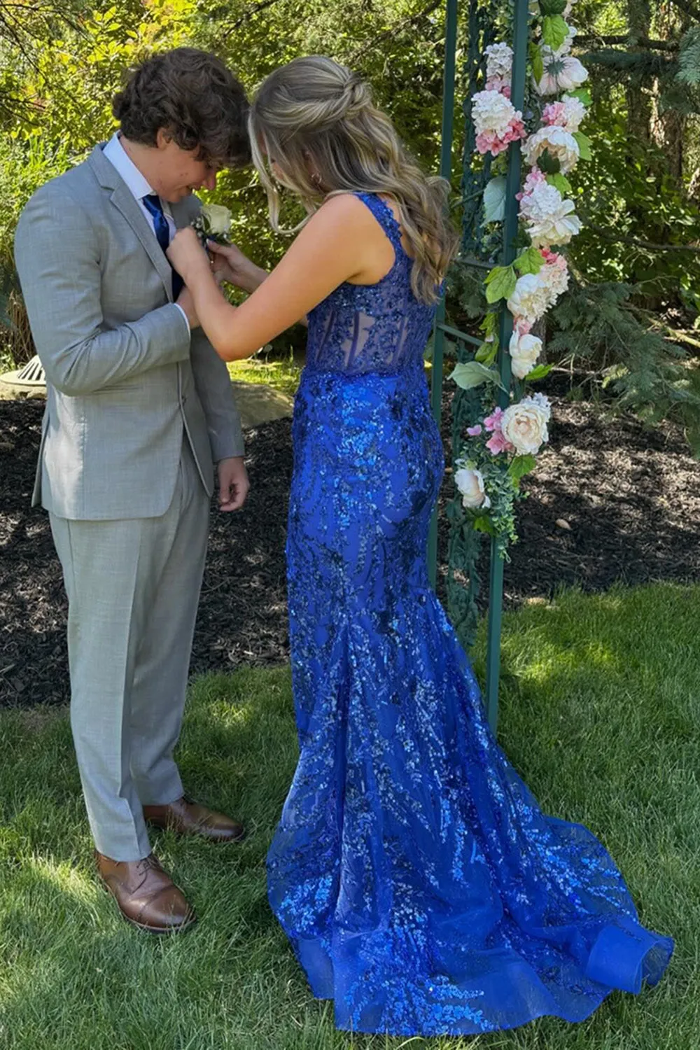 Golden Sparkly Mermaid Off The Shoulder Corset Prom Dress with Slit