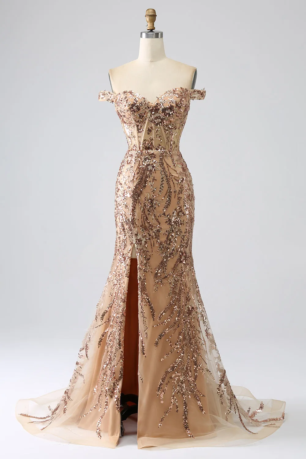 Golden Sparkly Mermaid Off The Shoulder Corset Prom Dress with Slit