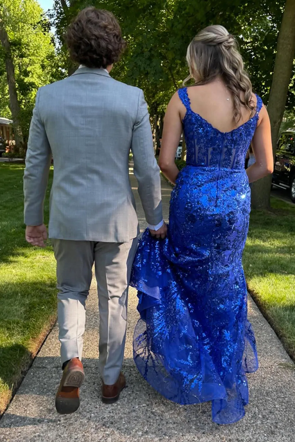 Golden Sparkly Mermaid Off The Shoulder Corset Prom Dress with Slit
