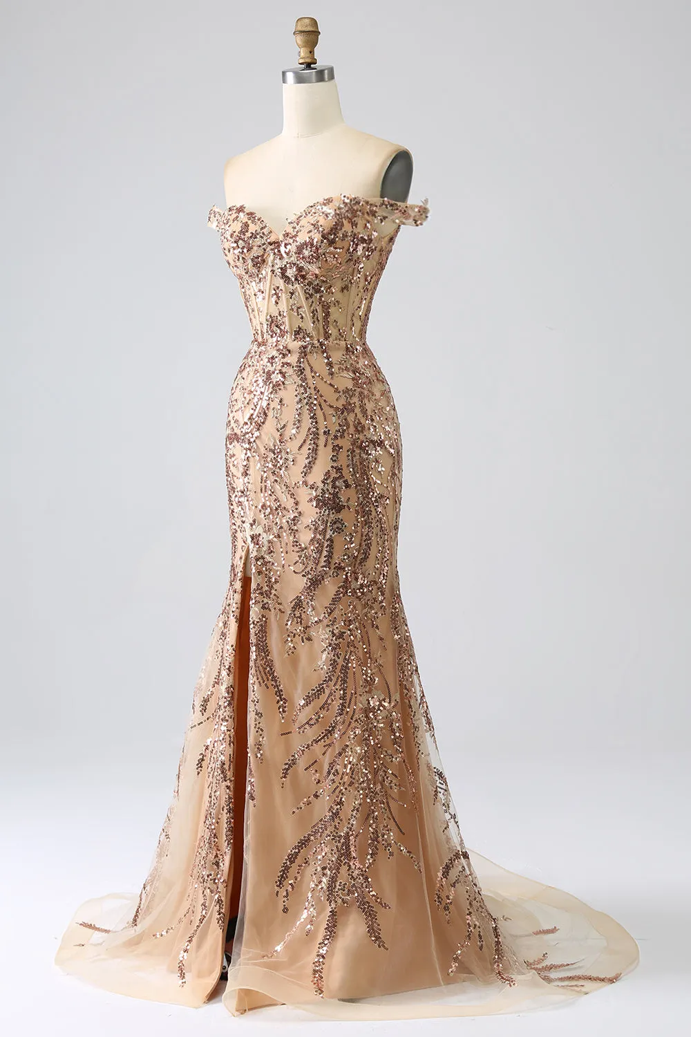 Golden Sparkly Mermaid Off The Shoulder Corset Prom Dress with Slit