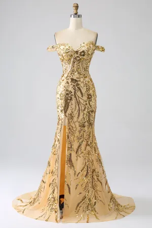 Golden Sparkly Mermaid Off The Shoulder Corset Prom Dress with Slit
