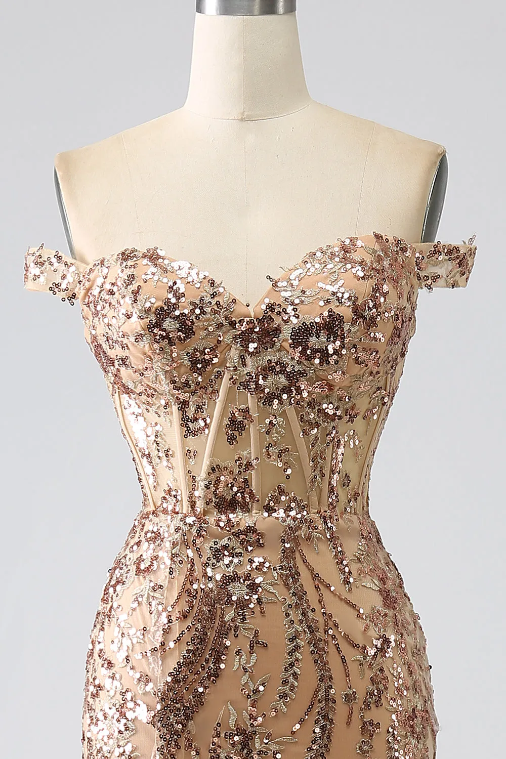 Golden Sparkly Mermaid Off The Shoulder Corset Prom Dress with Slit