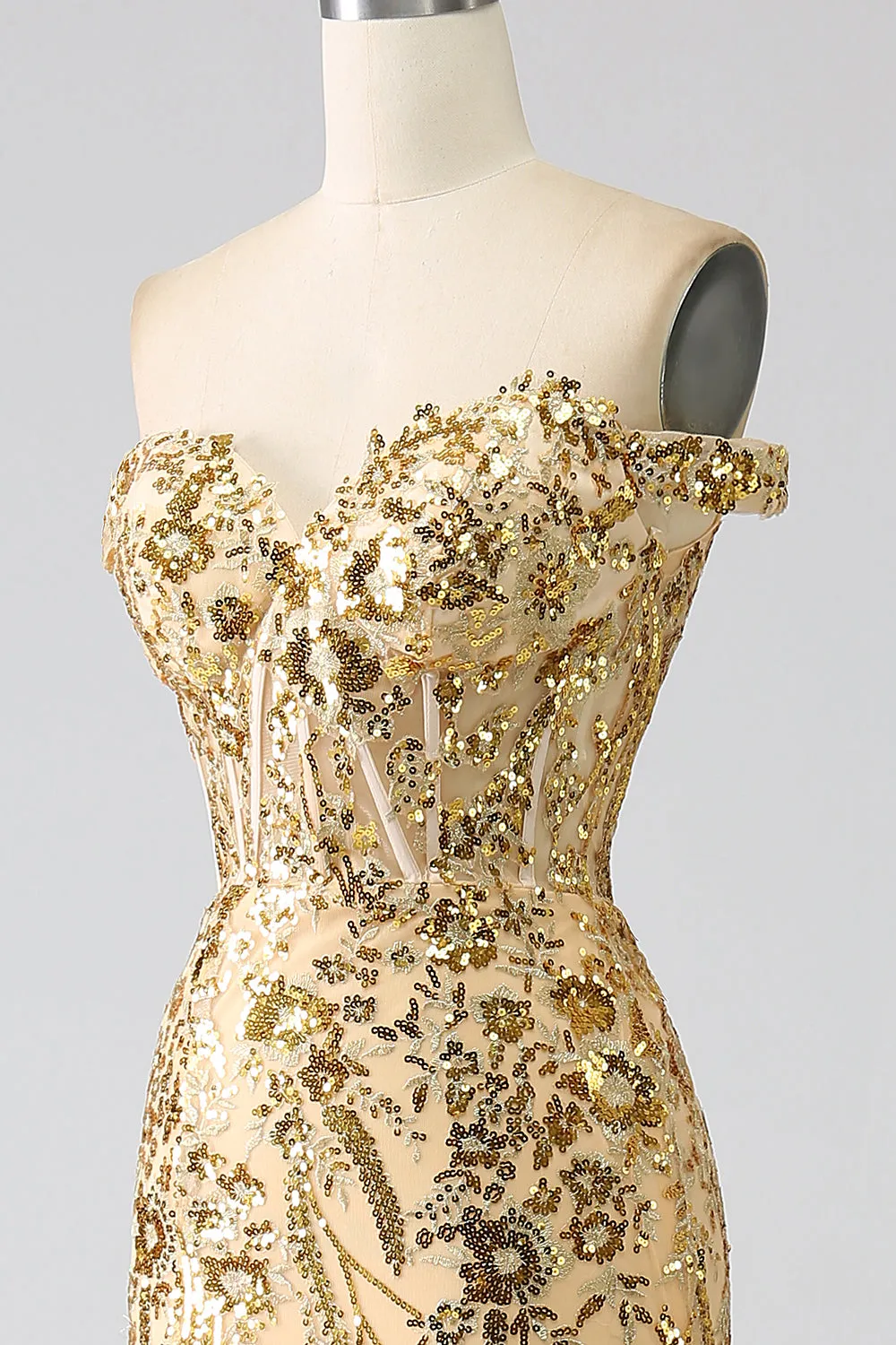 Golden Sparkly Mermaid Off The Shoulder Corset Prom Dress with Slit