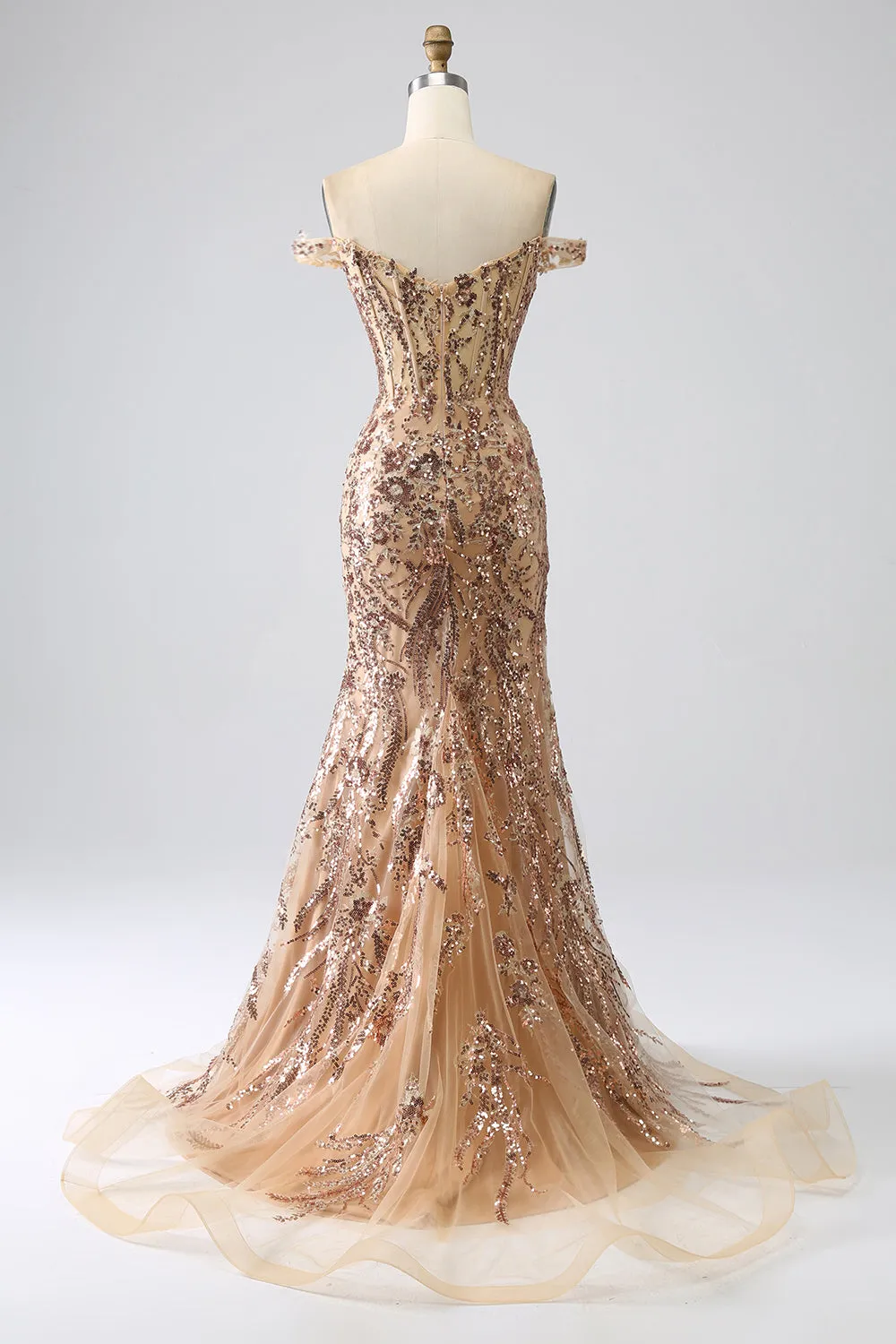 Golden Sparkly Mermaid Off The Shoulder Corset Prom Dress with Slit