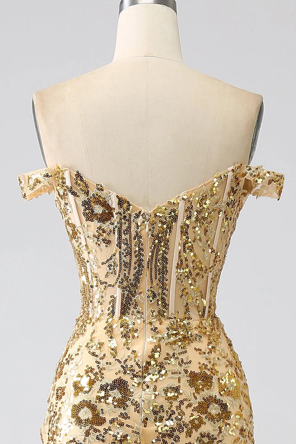 Golden Sparkly Mermaid Off The Shoulder Corset Prom Dress with Slit