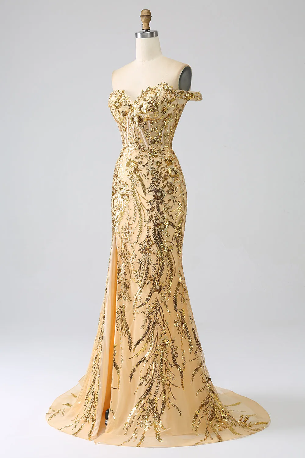 Golden Sparkly Mermaid Off The Shoulder Corset Prom Dress with Slit