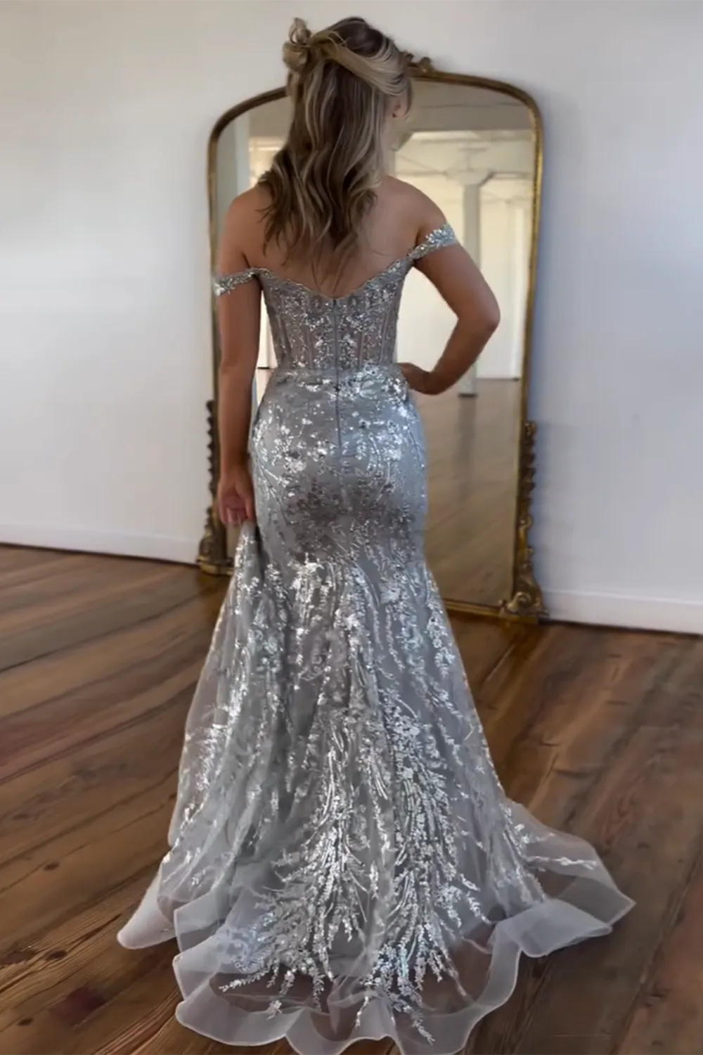 Golden Sparkly Mermaid Off The Shoulder Corset Prom Dress with Slit