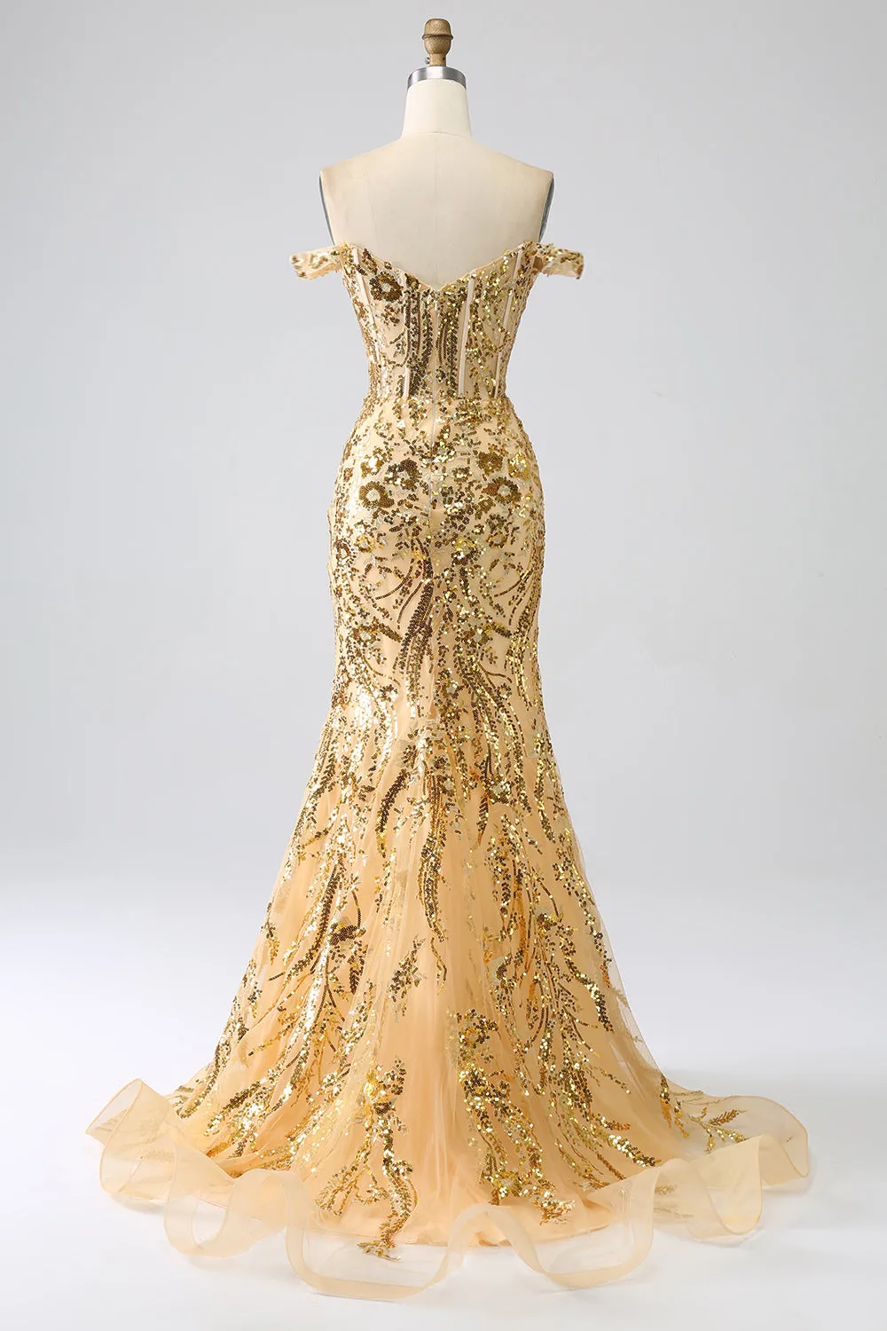 Golden Sparkly Mermaid Off The Shoulder Corset Prom Dress with Slit