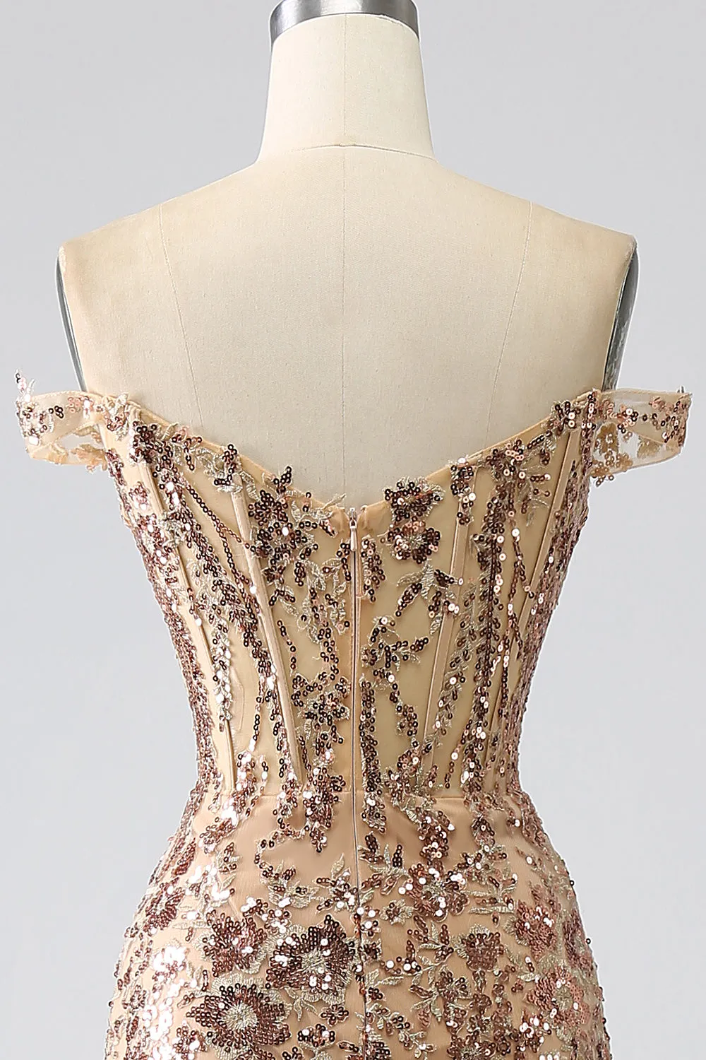 Golden Sparkly Mermaid Off The Shoulder Corset Prom Dress with Slit