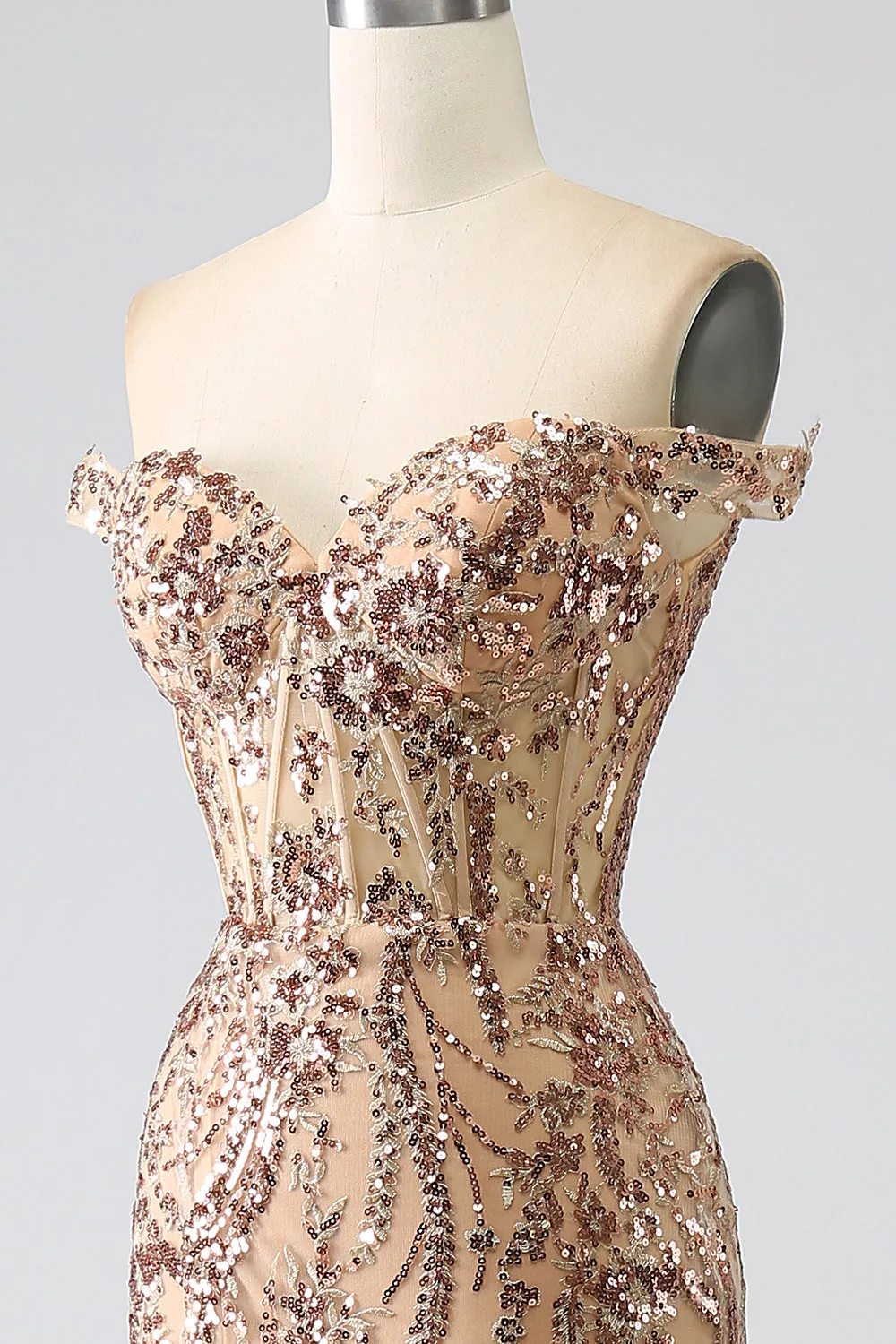 Golden Sparkly Mermaid Off The Shoulder Corset Prom Dress with Slit