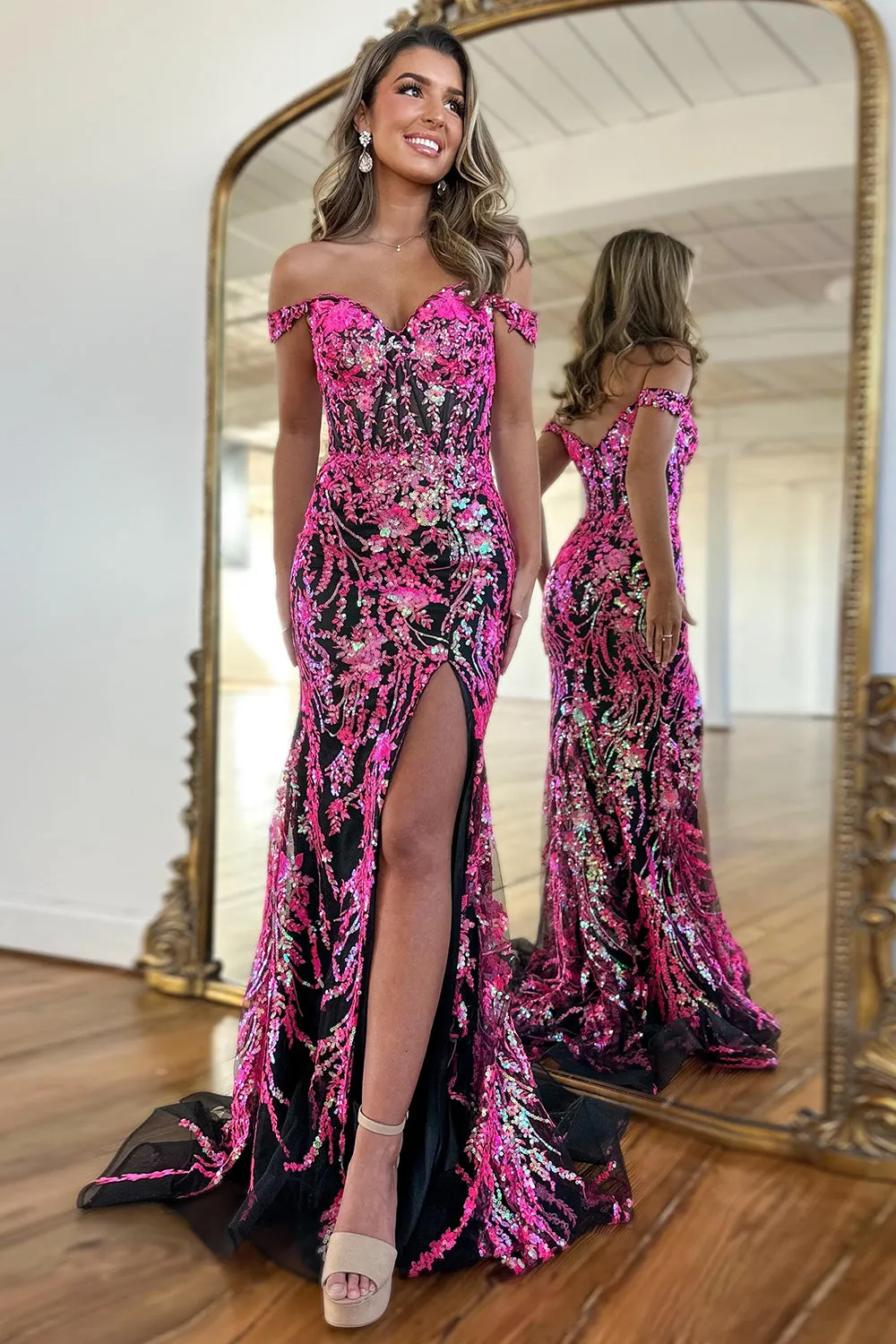 Golden Sparkly Mermaid Off The Shoulder Corset Prom Dress with Slit