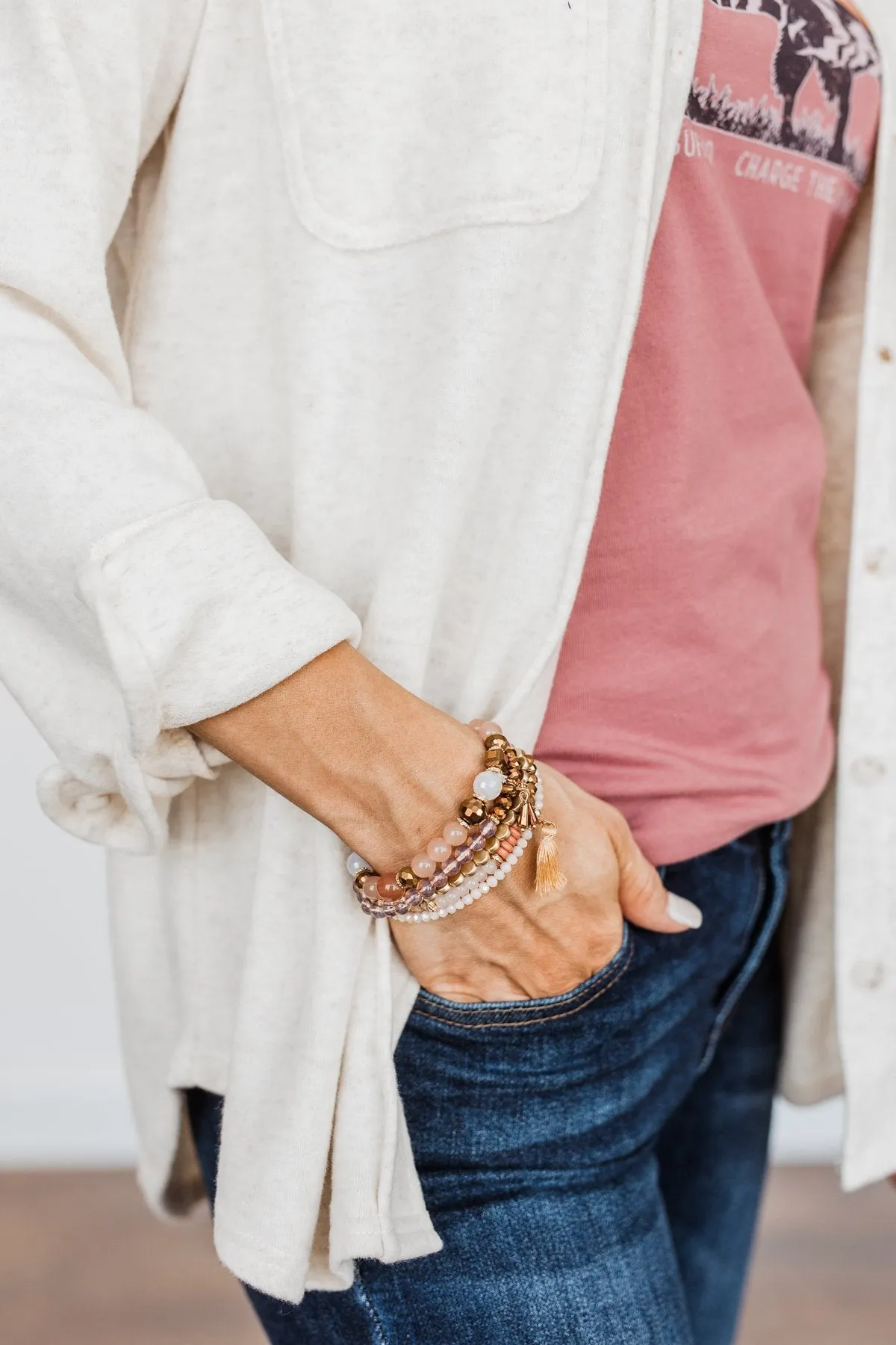 Gorgeous 6-Piece Stackable Bracelet Set- Brown & Blush