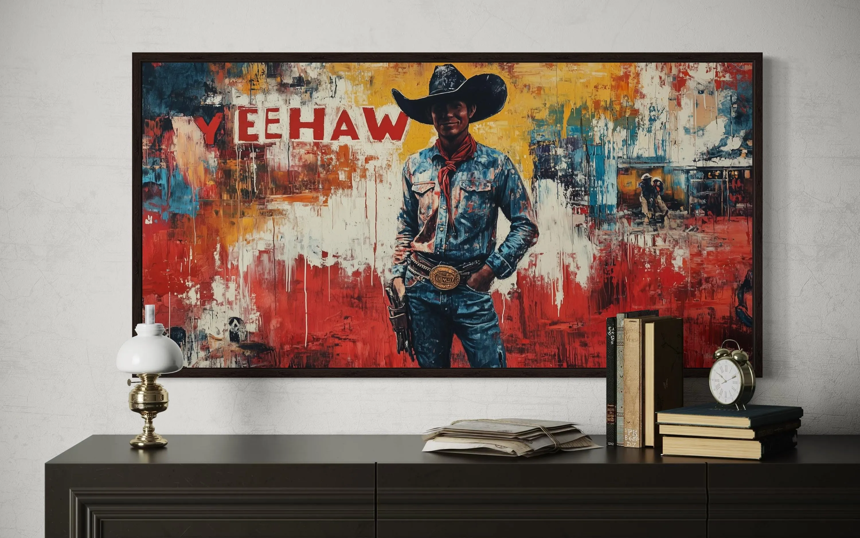 Graffiti Cowboy Yeehaw Funny Western Framed Canvas Wall Art For Man Cave Decor