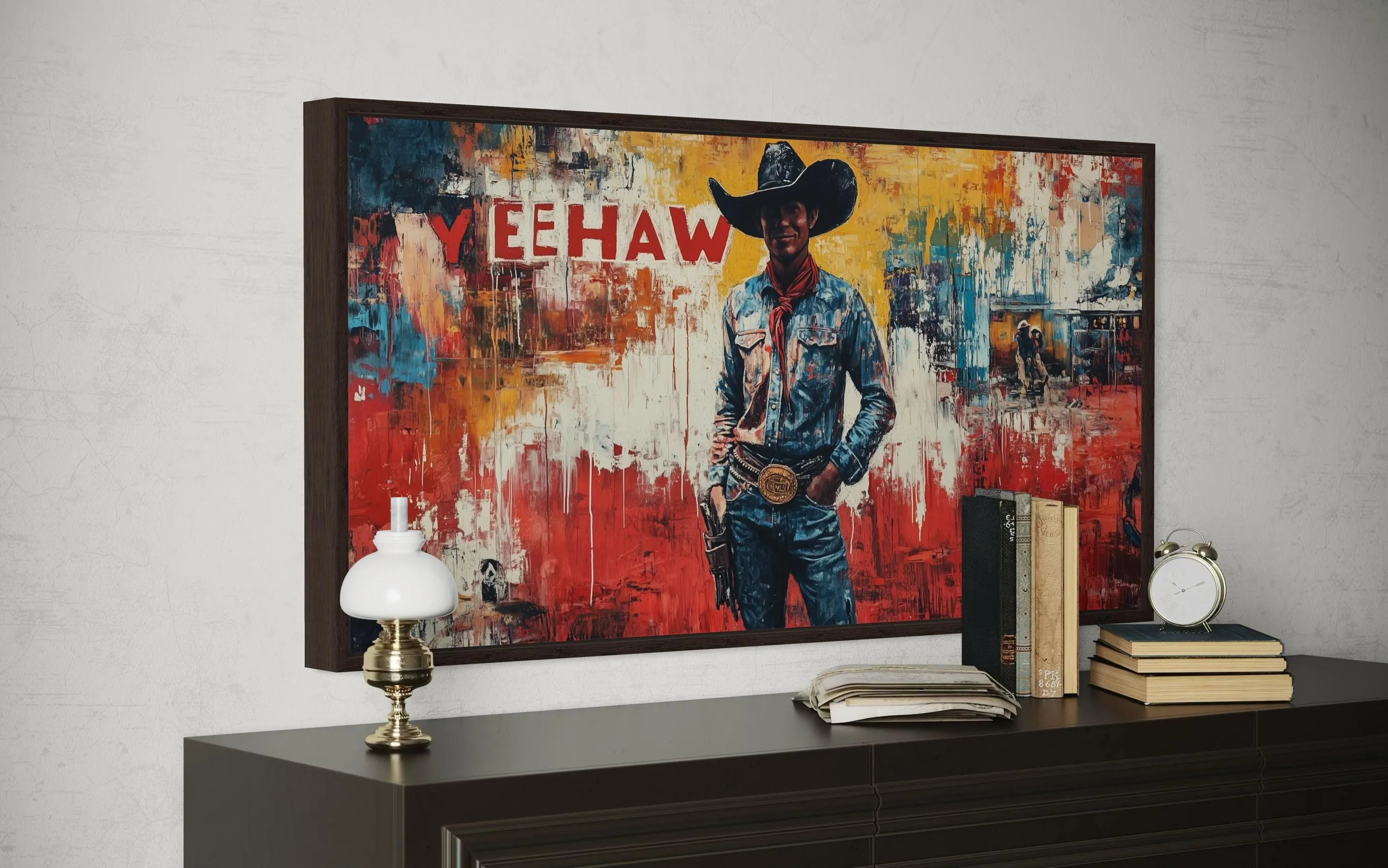 Graffiti Cowboy Yeehaw Funny Western Framed Canvas Wall Art For Man Cave Decor
