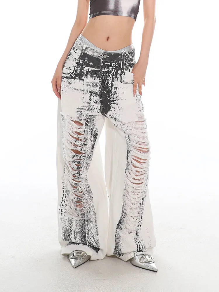 Graffiti Destroyed Ripped Wide-Leg Jeans