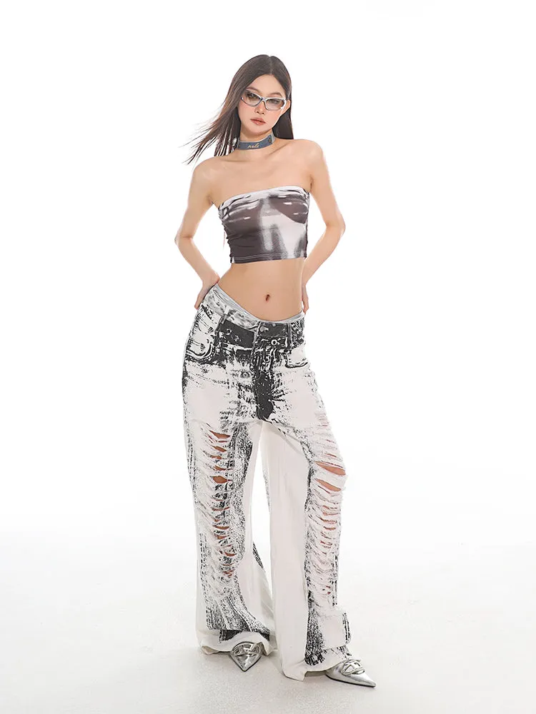 Graffiti Destroyed Ripped Wide-Leg Jeans