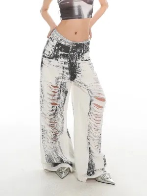 Graffiti Destroyed Ripped Wide-Leg Jeans