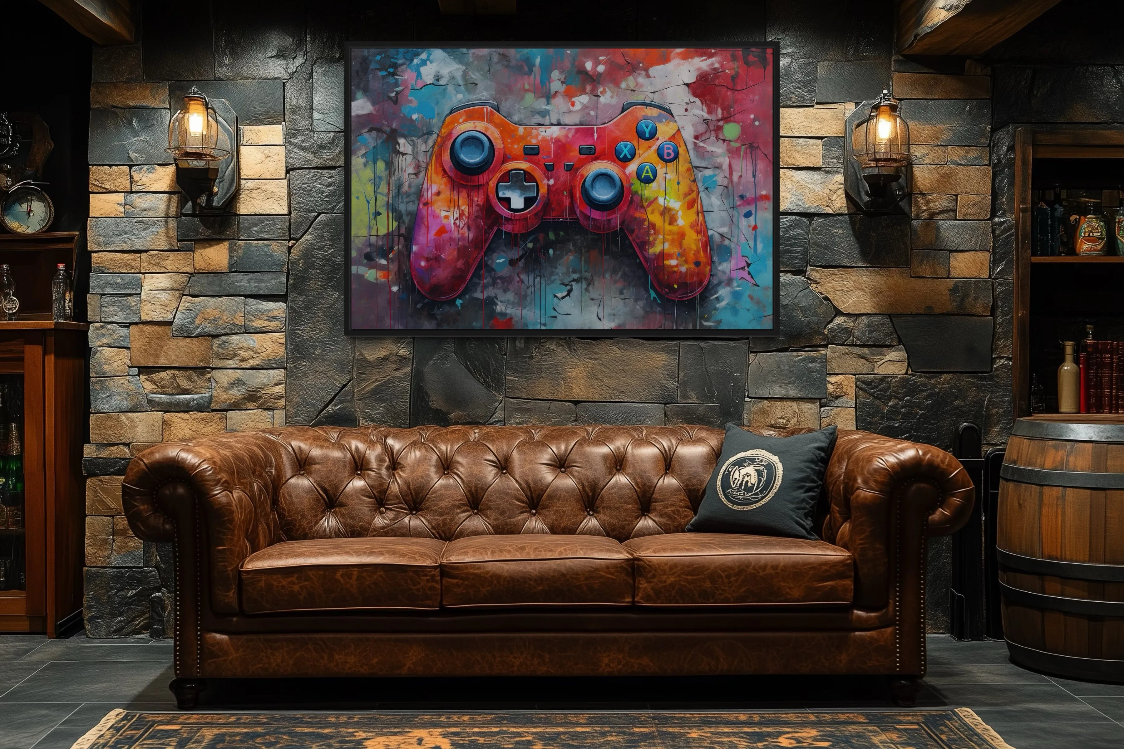 Graffiti Painting Of Game Controller Framed Canvas Wall Art