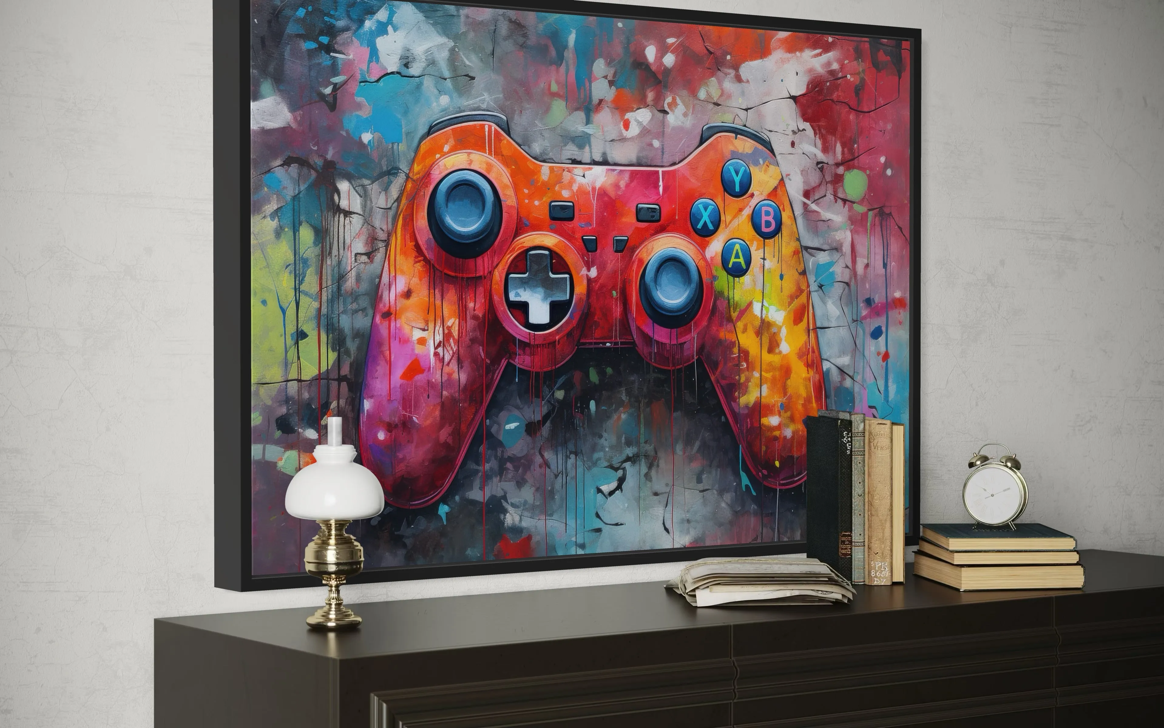 Graffiti Painting Of Game Controller Framed Canvas Wall Art