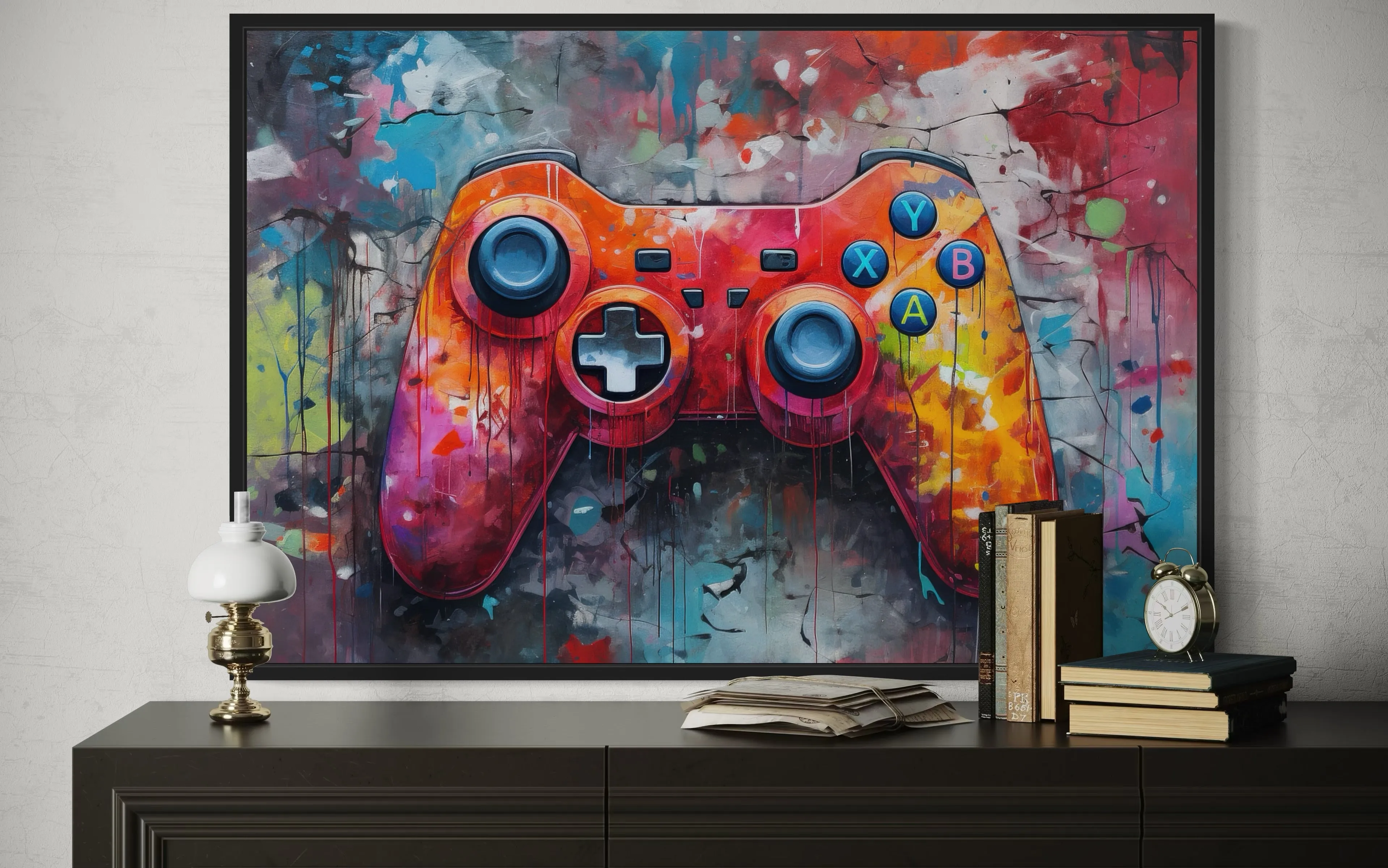 Graffiti Painting Of Game Controller Framed Canvas Wall Art