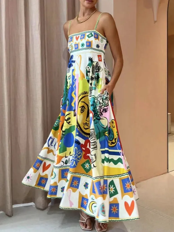 Graffiti Print Long Dress with Square Neck and Spaghetti Straps