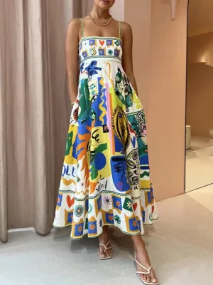 Graffiti Print Long Dress with Square Neck and Spaghetti Straps