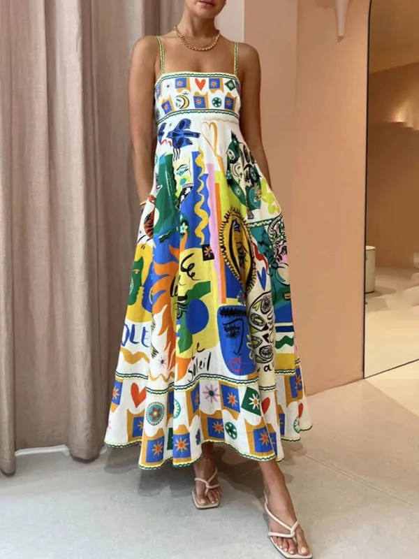 Graffiti Print Long Dress with Square Neck and Spaghetti Straps